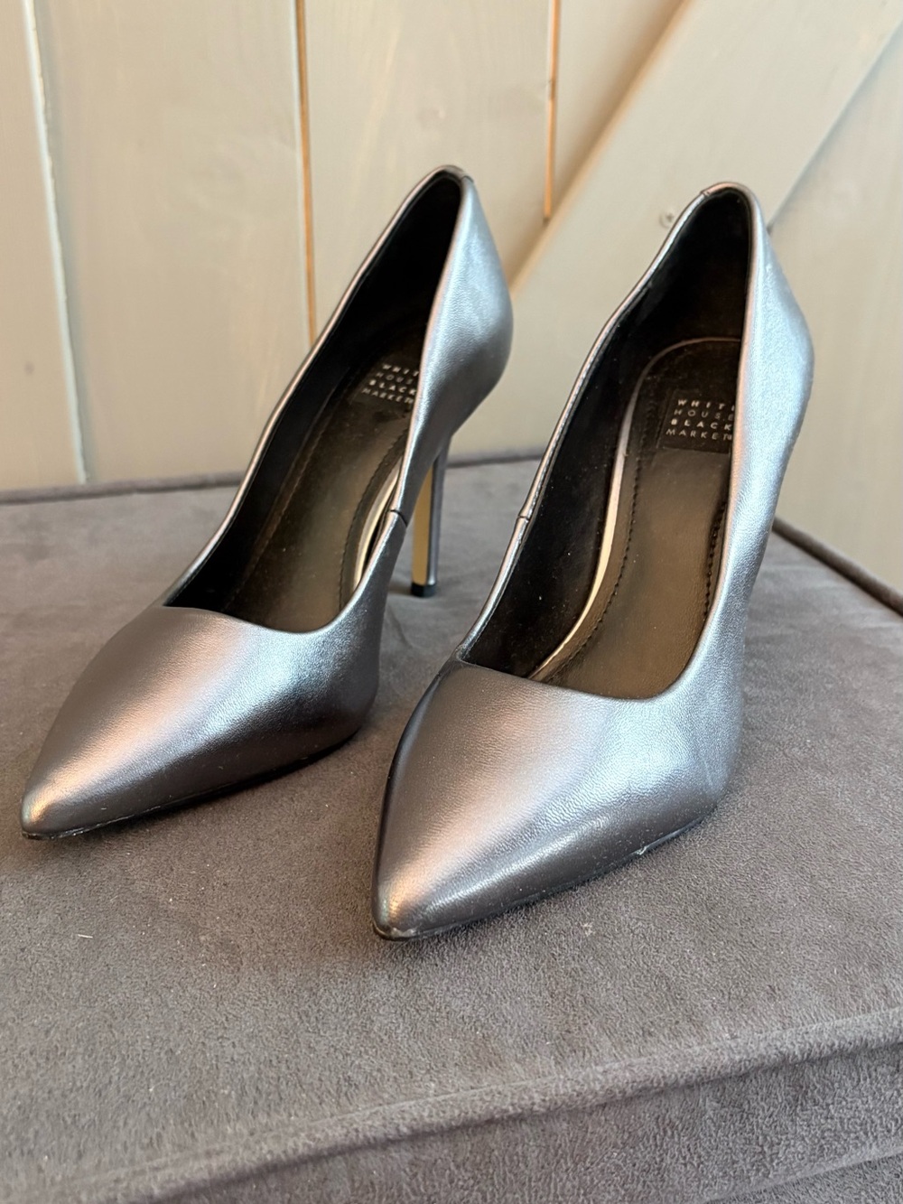 White House Black Market Metallic Gray Pointed-Toe Stiletto Heels